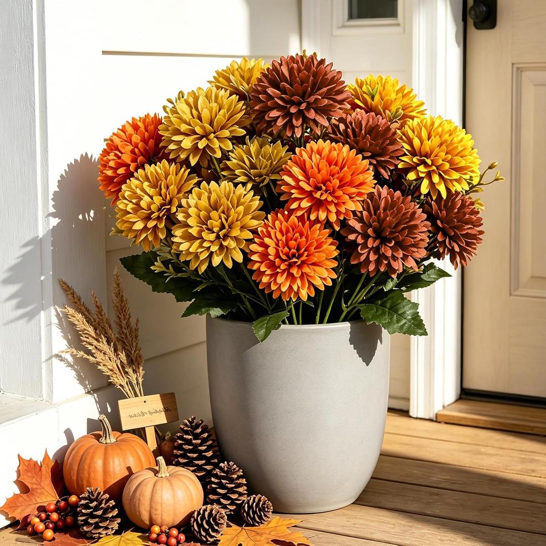 24 Bundles Artificial Fall Mums, UV Resistant Faux Chrysanthemum Flowers for Outdoor Planters, Front Porch,Garden,Window Boxes & Thanksgiving Decor,Orange