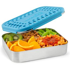 LunchBots Large Cinco Stainless Steel Lunch Container - Five Section Design Holds a Variety of Foods - Metal Bento Box for Kids or Adults - Dishwasher Safe - Stainless Lid - Aqua Dots