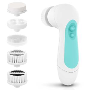 Waterproof Facial Cleansing Spin Brush Set with 5 Exfoliating Brush Heads - Electric Face Scrubber Cleanser Brush by CLSEVXY - Face Brush for Gentle Exfoliation and Deep Scrubbing (Cyan)