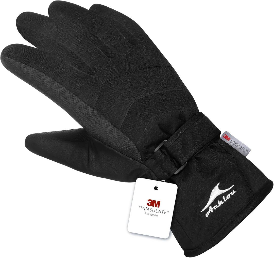 Achiou Ski Snow Gloves Winter Warm 3M Thinsulate Waterproof Touchscreen Men Women (Medium, Black)