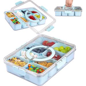 U-QE Dishwasher Safe Snackle Box Container with 8 Small Snacks Box - Premium Mint Green Plastic Divided Serving Tray with Lid and Handle for Snack, Veggie, Fruits, Perfect for Party, Picnic