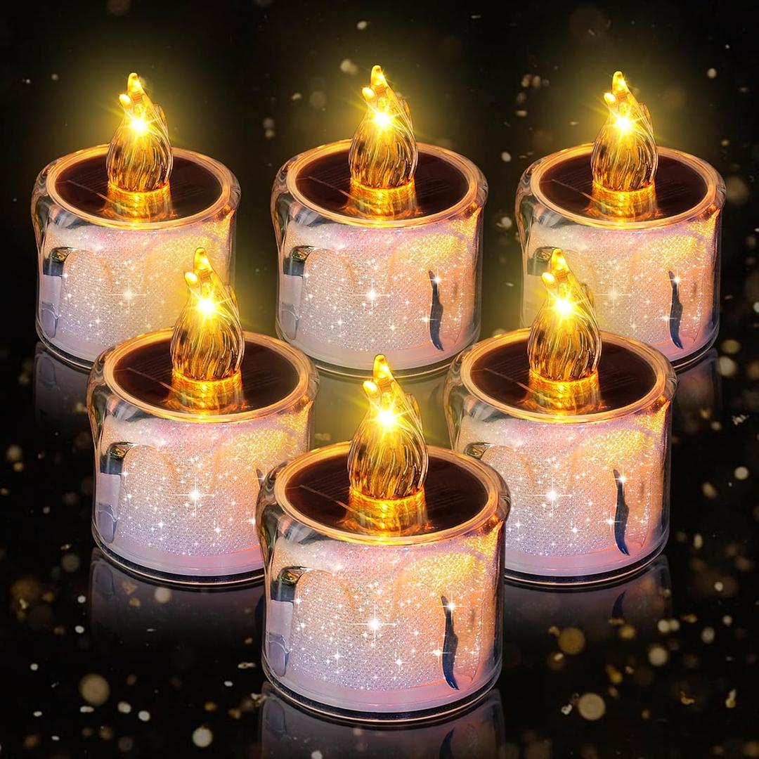 ANGMLN 6pcs Solar Tea Lights Outdoor,Flameless Flicker LED Solar Candles with Dusk to Dawn Sensor,Rechargeable Waterproof Candle Lights for Lantern Garden Camping Party Home Decorations,Warm White