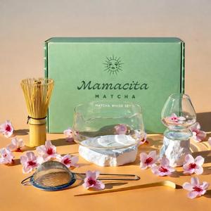 Whisk Set, 5-Piece Matcha Bowl and Whisk Kit with Bamboo Scoop, Glass Matcha Bowl, Holder, and Sieve Handmade Borosilicate Glass (Clear)