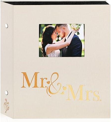 Lanpn Wedding Photo Album 4x6 600 Pocket Photos Slip in, Linen Cover Large Capacity Newlywed Marriage Window Album Hold 600 Horizontal Vertical Photos (Mr & Mrs, Beige)