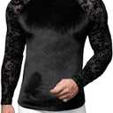 WDIRARA Men's Floral Lace Mesh Fleece Fuzzy T-Shirt Crewneck Raglan Long Sleeve Casual Tee Tops XXL