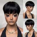 Rofa Beauty Pixie Cut Curly Wigs for Black Women Short Layered Pixie Cut Human Hair Wigs With Bangs None Lace Front Wig 1B Color