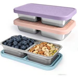 3 Pack Stainless Steel Snack Containers for Kids, Reusable Snack Containers with Silicone Lids, 2 Compartment Toddler Snack Containers for Daycare, School Lunch and Travel, 15 oz