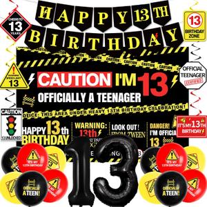 13th Birthday Decorations for Boys Girls, Caution Logos Happy 13th Birthday Party Decorations, 13th Birthday Banner, Foil Balloons 13, Backdrop, Balloons, Hanging Swirls, Birthday Cards Set 45pcs (13th Black Yellow Red)