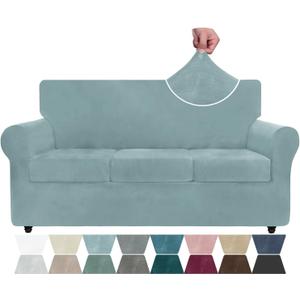 ZNSAYOTX Luxury Velvet Couch Cover 4 Piece (72"-92") Stretch Sofa Covers for 3 Cushion Couch Thick Soft Sofa Slipcover with Non Slip Strap, Dog Pet Friendly Nice Furniture Protector (Stone Blue)