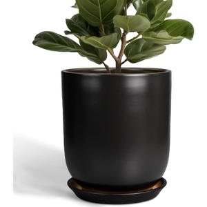 Ceramic Planter 10 Inch - Ceramic Pot for Indoor Plants Outdoor Plant Pot with Drainage Hole and Saucer Cylinder Flower Pot Black