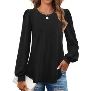 ZESICA Long Sleeve Eyelet Tops for Womens Crew Neck Spring Shirts Casual Loose Blouses 2026 Trendy Clothes (Black, S)
