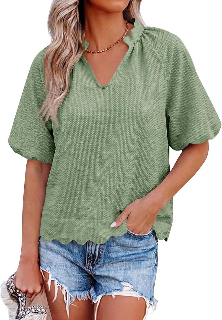 Tankaneo Womens Summer Puff Sleeve Tops V Neck Blouses Casual Tee Shirts (Green, M)