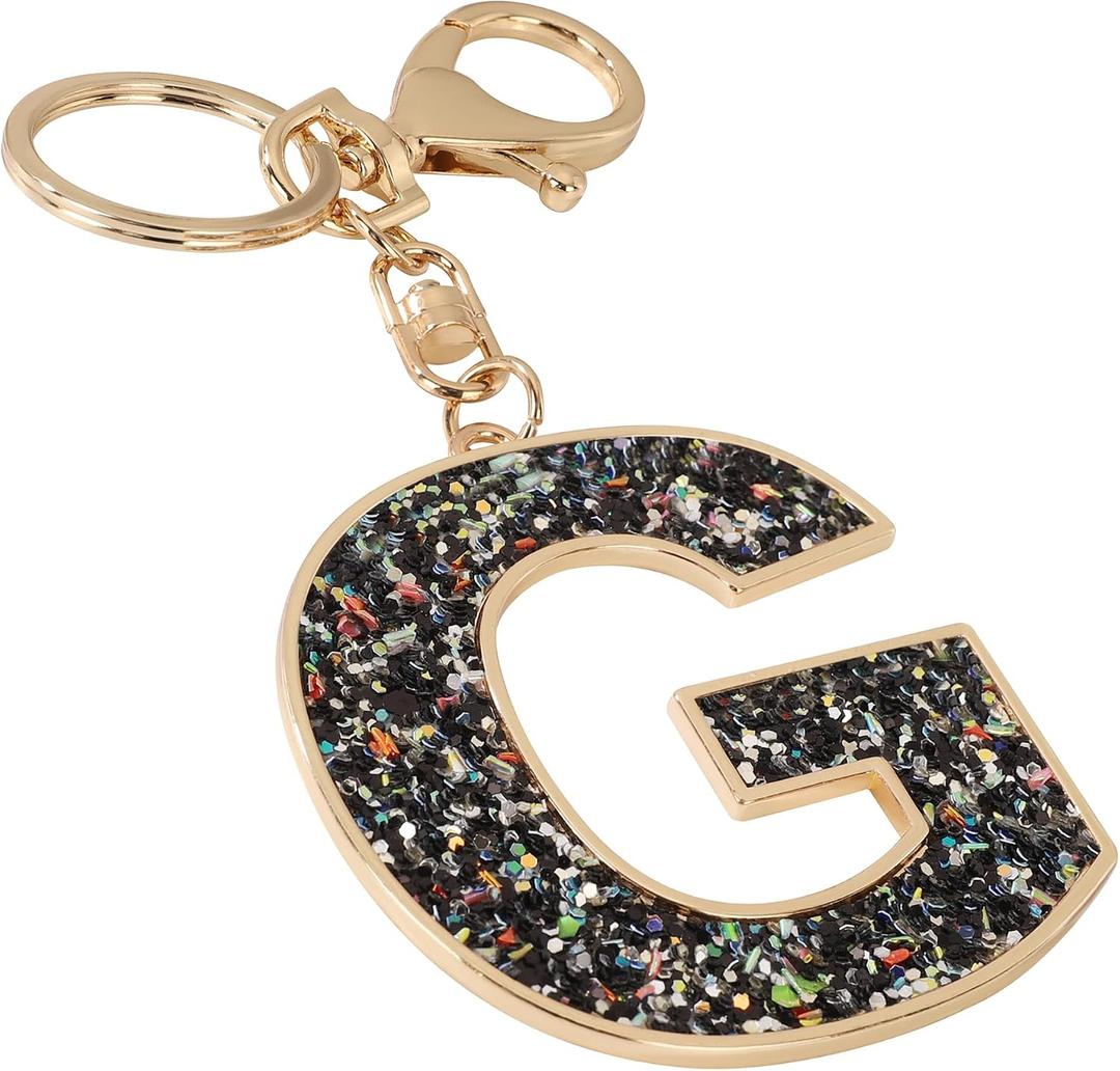 6 x Junyuerly Gold Initial keychains|Letter keychain Bag Charms for Women|Large Sparkly Personalized Key Chain Accessories (G-black, Mixed)