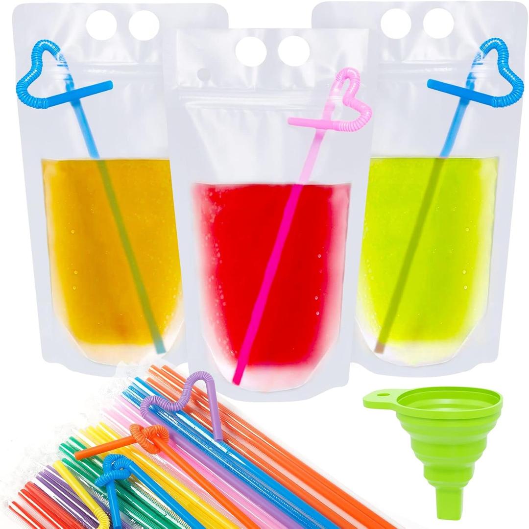 50 Pcs Drink Pouches, Juice Pouches for Adults, Reusable, Reclosable Zipper Smoothie Bags for Cold & Hot Drinks with 50 Straws & Silicone Funnel