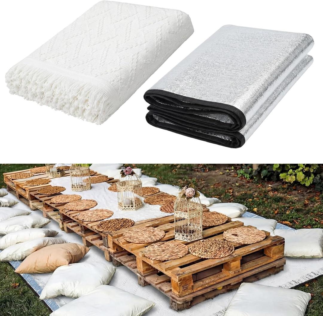 Hahafelt 110134'' Extra Large Outdoor Picnic Blanket with Waterproof Mat Oversize Beach Woven Cotton Yarn Blanket with Fringe Machine Washable Sandproof Portable for Spring Summer Camping Beach Park