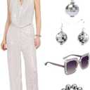 Minkasic Gold 70s Disco Costume: Women's Sequin Backless Halter Neck Jumpsuit with Disco Ball Accessories L