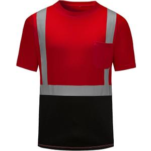 High Visibility Shirts Quick Dry Safety T Shirts with Reflective Strips and Pocket Short Sleeve Mesh Hi Vis Construction Work Class 2 Shirt for Men/Women Black Bottom Red, XX-Large