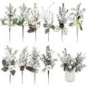 Ovveroche 10 Pcs Christmas Pine Branches Cones Picks Artificial Berry Stems Faux Christmas Greenery Spray Floral Picks Snowy Holly Pine Needles for Xmas Tree DIY Wreath Floral Party Decor, White