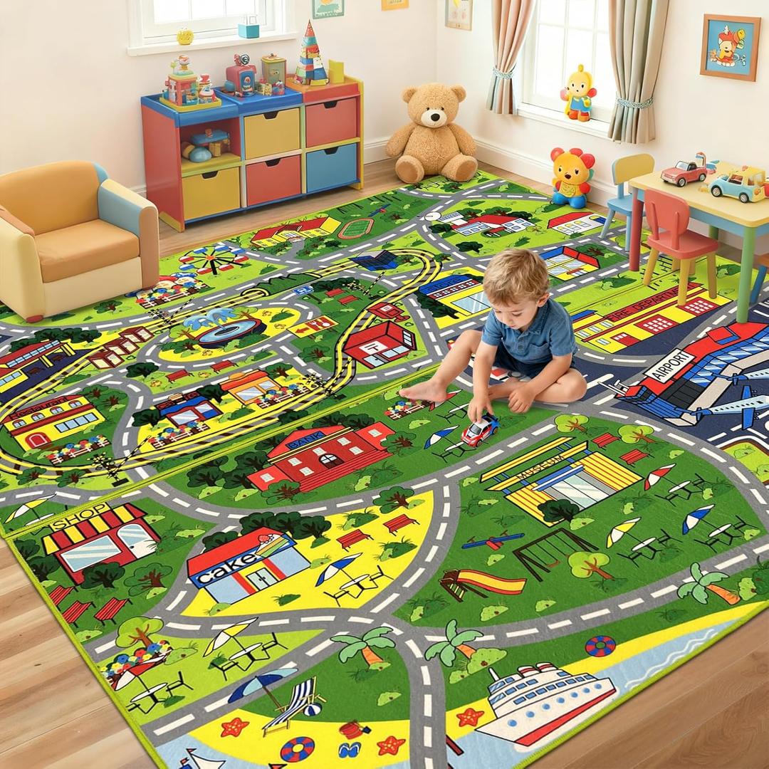 Pack 2 Car Rug Play Mat 59x31.49 lnches - Car Train Rugs Playroom Mat, Kids Rugs for Bedroom Road Rug with City Map Design Kid Room Decor