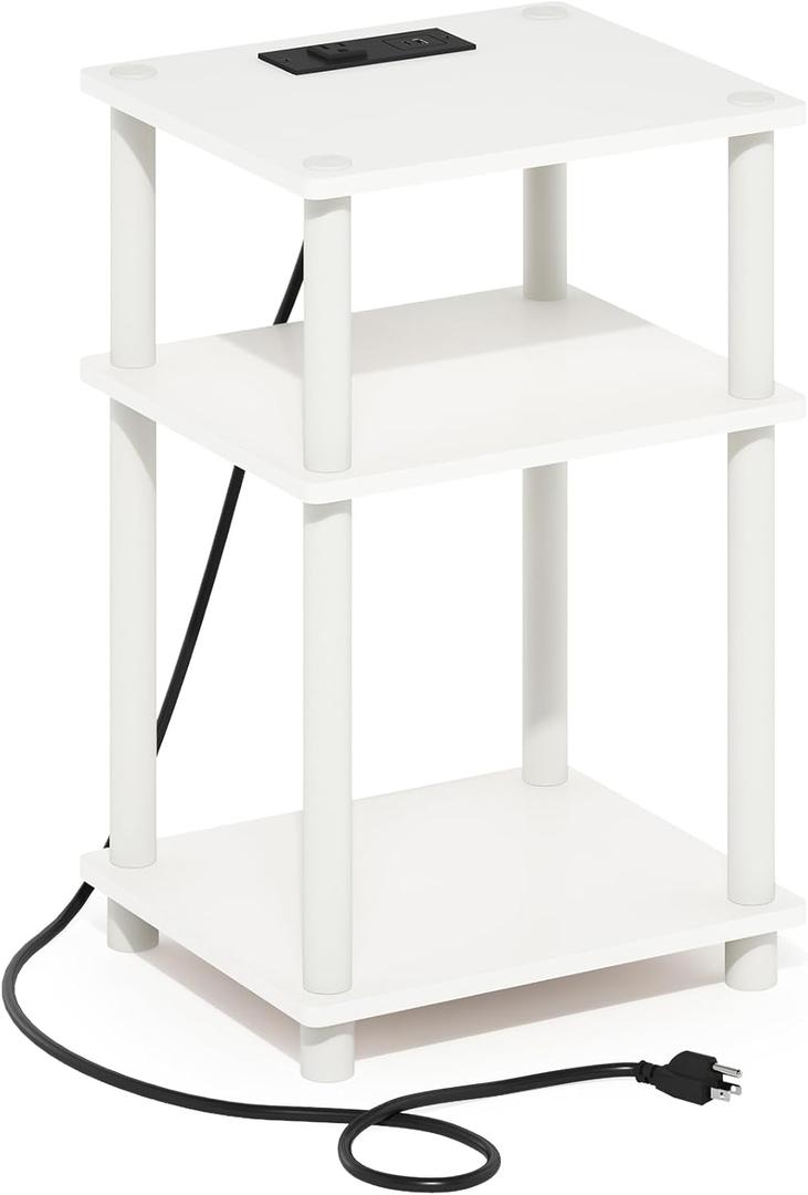 Furinno Just 3-Tier Turn-N-Tube Open Storage Side Table, End Table with USB and Type-C Charging Station, White/White