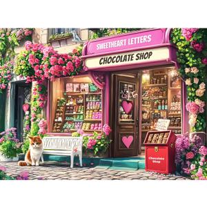 Jigsaw Puzzles 300 Pieces for Adults, Chocolate Shop 300 Piece Puzzles, Cat Puzzle for Kids Adult Senior, Pink Flowers Challenging Puzzles Family Activity Great Gift Home Decor 20.5x15 in