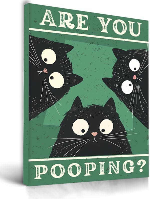 UPWOIGH Funny Are You Pooping Black Cat Bathroom Wall Art, 3 Cats Humor Quote Poster, Green Background Bathroom Decor, Wood Framed Canvas 12x16 Inch