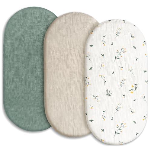 Gllquen Baby Muslin Bassinet Sheets 3 Pack, Breathable Elastic Cozy Fitted Cotton Bassinet Mattress Sheet for Baby Boy Girls, Fit for Hourglass Oval Rectangular Cradle Pad Sheets 33"x17" (Green)