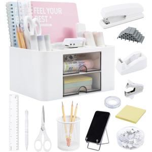 White Desk Organizers and Accessories 12+1Pcs, Office Supplies for Desk, Pen Organizer with 2 Drawers with Stapler,1000 Staples, Phone Holder, Tape Dispenser, Pen Holder, Sticky Note,Clips,Ruler,Etc