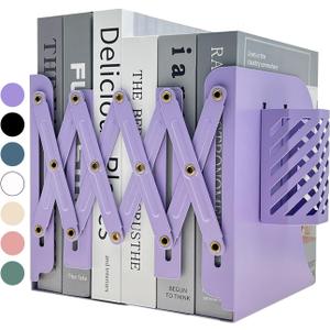 Kingsmile Book Ends, Adjustable Bookends for Shelves, Metal Bookends for Heavy Books, Book Stopper Organzier with Pen Holder for Desk, Kids Room, Office, Classroom, Library, Study Room(Purple)