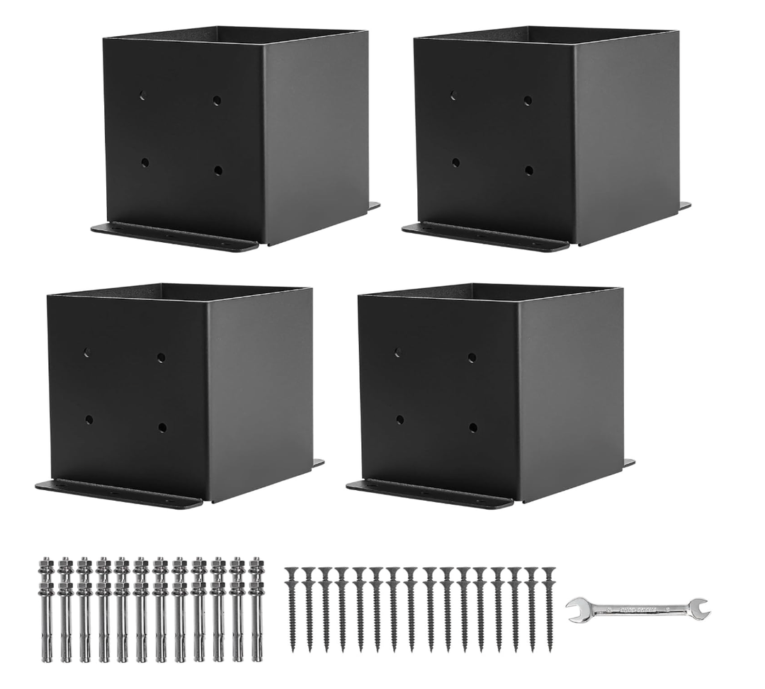 Grehitk 6×6 Post Base 4 Pcs,Deck Post Brackets,Inner Size 5.5"x5.5" Thick Steel Fence Post Anchor Base,Black Powder Coated Heavy Fence Post,for Supports Porch Railing Post Holders Pergola Brackets