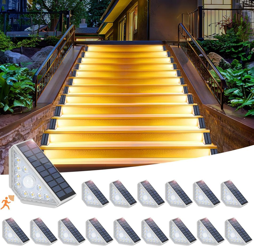 Motion Sensor Solar Step Lights for Outside, 16-Pack Outdoor Stair Lights Waterproof IP67, Solar Powered LED Outdoor Step Lights Decor for Yard Garden Porch Patio Pathway Deck, Warm White