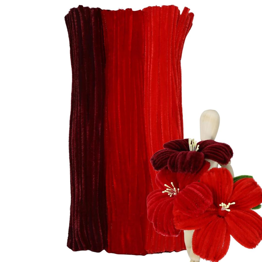 Red Color Trio Pipe Cleaner Set - 300pcs, Thick Fluffy Chenille Stems for Arts & Crafts, Perfect for Making Animals, Flowers, and Festive Decorations(12 inches x 0.24 inches)