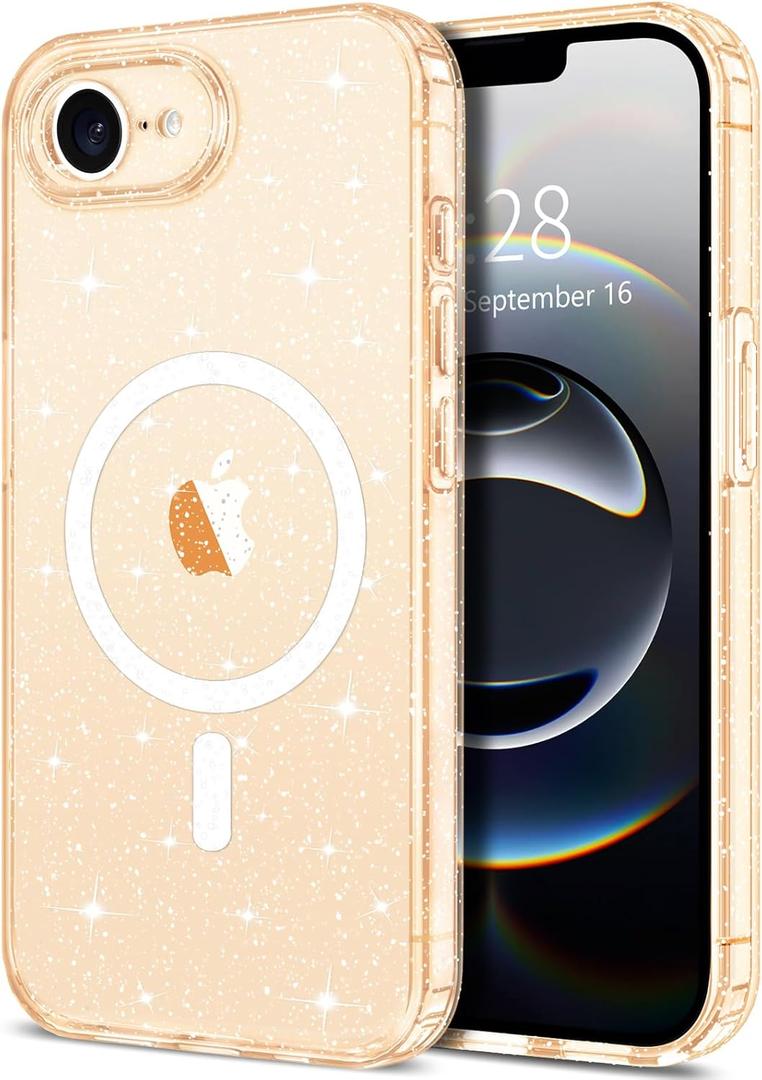 2 x Hython for iPhone 16e Case Glitter, Clear Glitter Sparkly Shiny Bling Sparkle Cute Cover, Anti-Scratch Soft TPU Thin Slim Fit Shockproof Protective Phone Cases for Women Girls, Magnetic Rose Gold