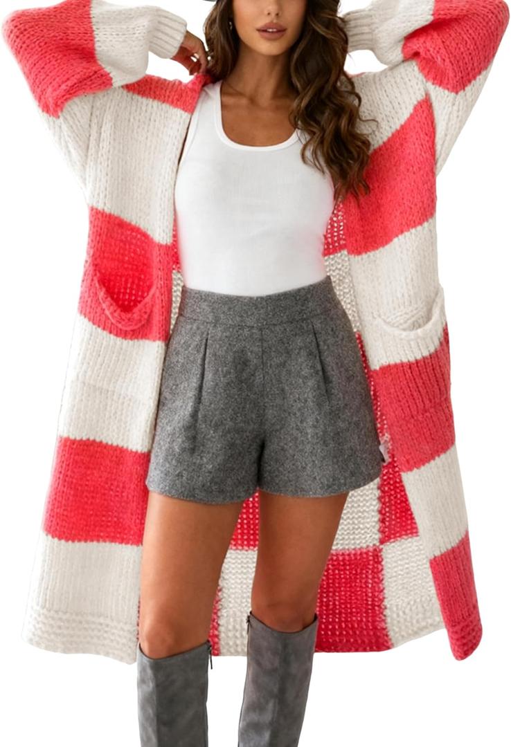 Yeokou Women Checkered Cardigan Sweater Color Block Open Front Long Plaid Chunky Knit Fall Outerwear with Pockets (Medium)