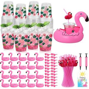 FoldTier 25 Sets 177Pcs Summer Flamingo Party Favors Bulk Include Inflatable Floating Flamingo Drink Holder Plastic Cups Straws Sunglass with Card for Hawaiian Luau Summer Birthday Party Favor Supply