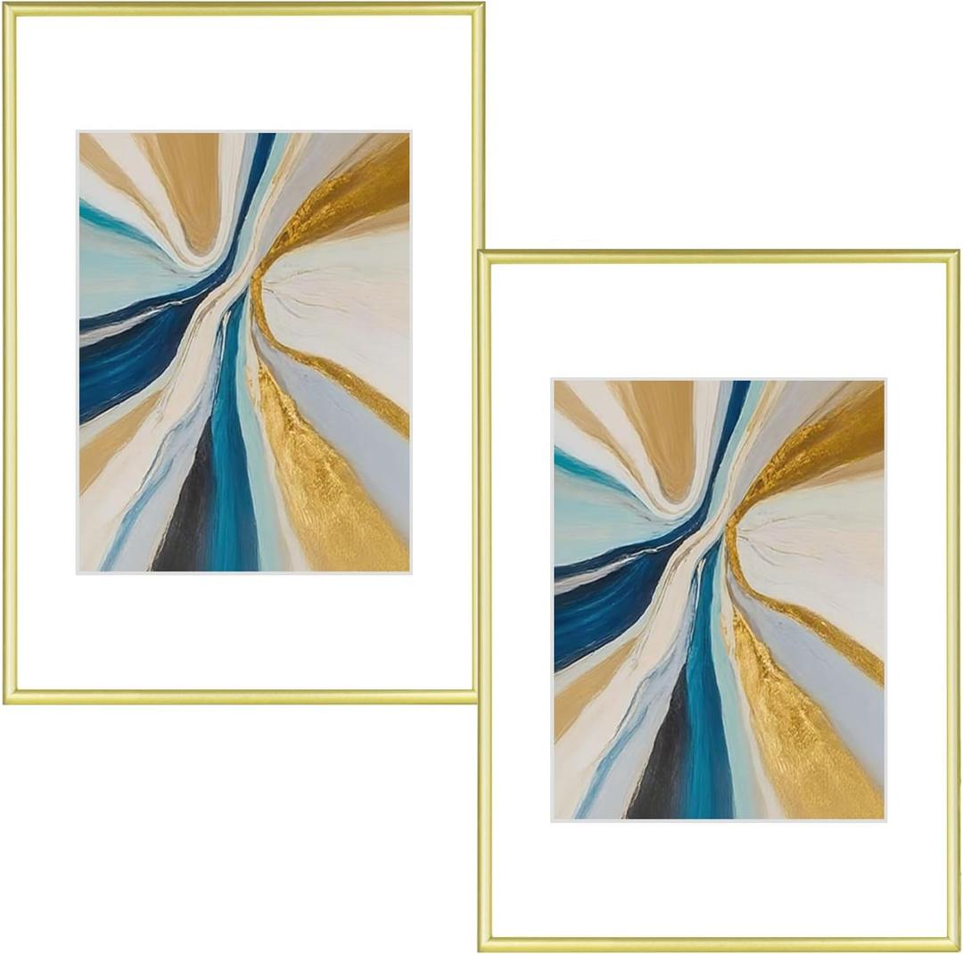 8x12 Picture Frame Set of 2, Gold Brushed Thin Metal Aluminum Photo Frame with HD Glass, Fit 6x8 with Mat or 8 x 12 without Mat, for Table and Wall, 2 Pack