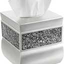 Creative Scents Crackled Glass Silver Tissue Box Cover Square - Decorative Tissue Box Holder - Tissue Holder Vessel for Bathroom with Durable Bottom Slider, Elegant Home or Bathroom Decor