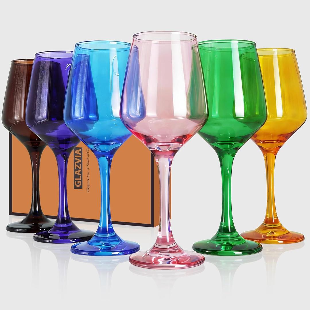 Multi Colored Wine Glasses Set of 6, 12oz Stemmed Glasses, Thick & Colorful, Dishwasher Safe Stemware for Red or White, Gift for Party, Holiday, Anniversary, Restaurant, Home Bar