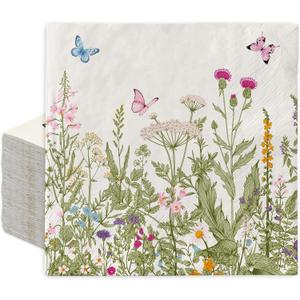 JarThenaAMCS 50Pcs Spring Wild Floral Paper Napkins Green Wildflower Butterfly Disposable Luncheon Napkins Vintage Decorative Dinner Napkin for Bathroom Wedding Birthday Party Baby Shower