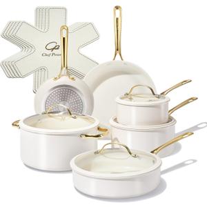Chef Power Ceramic Cookware Sets, 15Pcs Pots and Pans Set Non Stick, Cookware Set with Stainless Steel Handle, Dishwasher & Oven Safe, Cream White and Light Gold Handle
