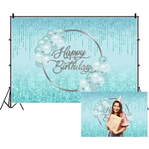 Renaiss Teal Green Happy Birthday Backdrop for Women 10x6.5ft Aqua Green Rose Teal Balloons Glitter Photography Background for Woman Bday Party Decorations Fabric Photo Studio Video Prop (10Wx6.5H FT)