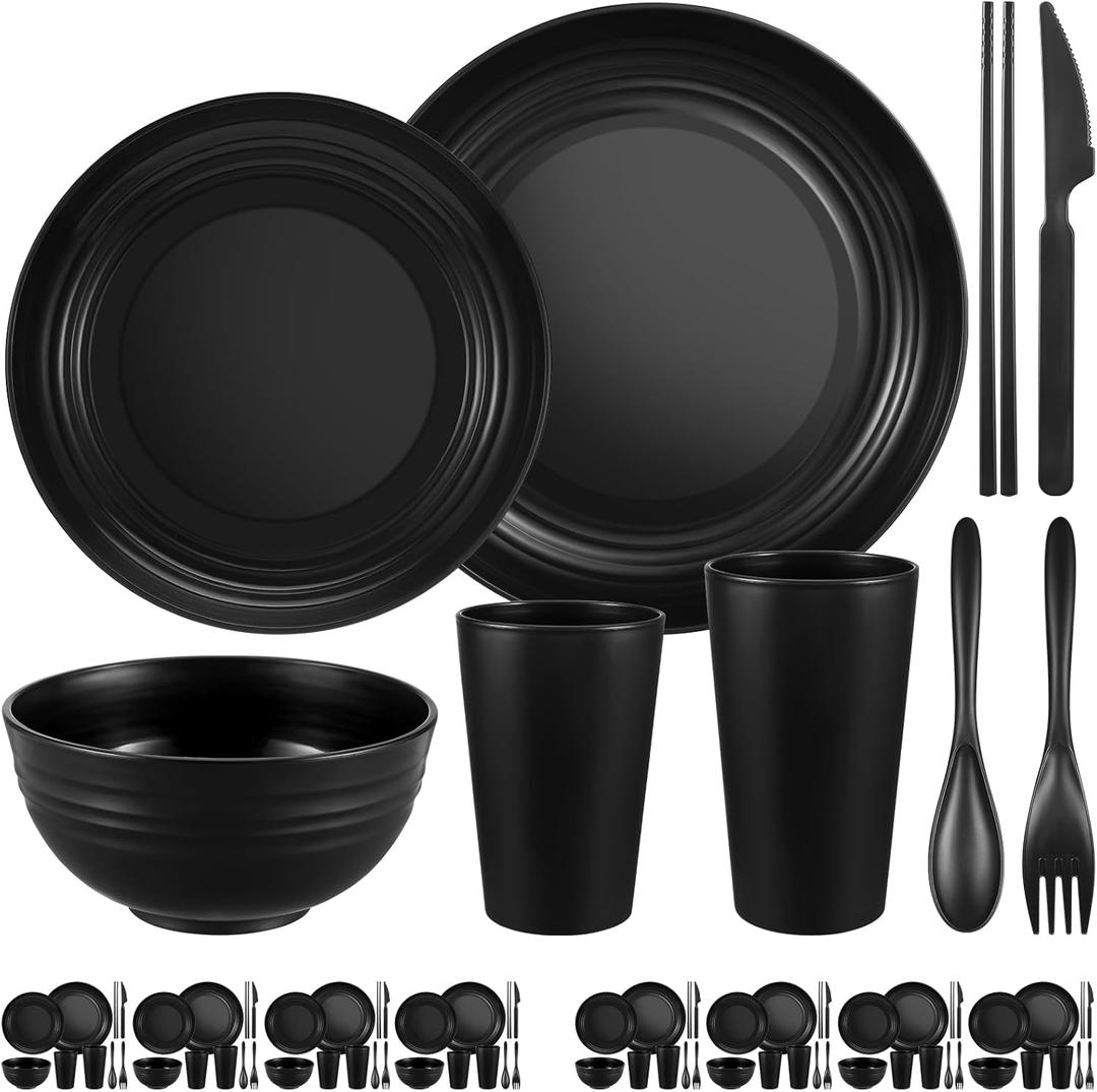 72 Pcs Plates and Bowls Sets, Unbreakable Wheat Straw Dinnerware Set Service for 8, Plastic Dish Set, Reusable Plates Bowls Cups for Kitchen, Camping, Outdoor, Dorm Microwave & Dishwasher Safe, Black