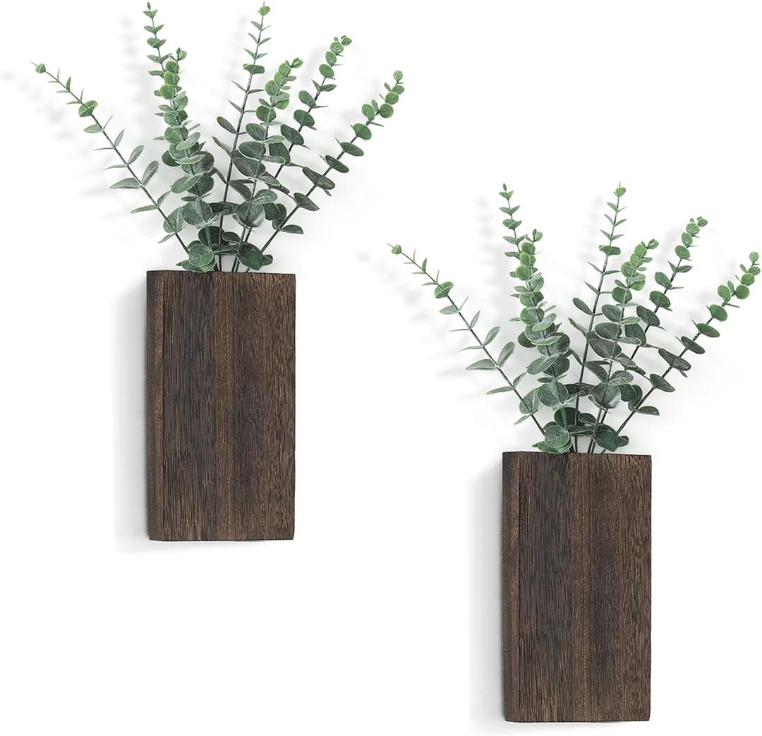 Dahey 2 Pack Wood Wall Planter Vase with Artificial Eucalyptus Farmhouse Wall Hanging Decor Pocket Planter for Indoor Fake Plants Greenery, Living Room Bedroom Kitchen Home Office Decoration (Medium, Brown)
