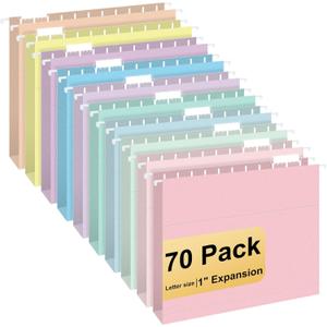 Hanging File Folders, 70 Pack Letter Size Hanging File folders with 1/5-cut Tabs, Stay Organized for Your Home and Office Bulk File, Documents and Paper, Macaron 10 Colors