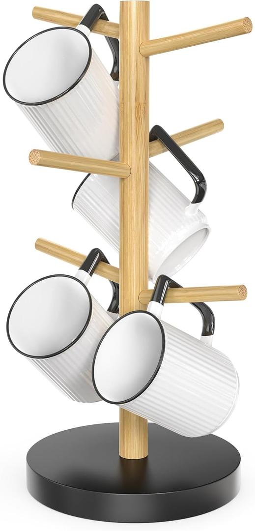 2 x Wisuce Bamboo Mug Holder - Black Coffee Mug Tree Stand for Countertop - Organizer (Black Natural (6 Hooks))