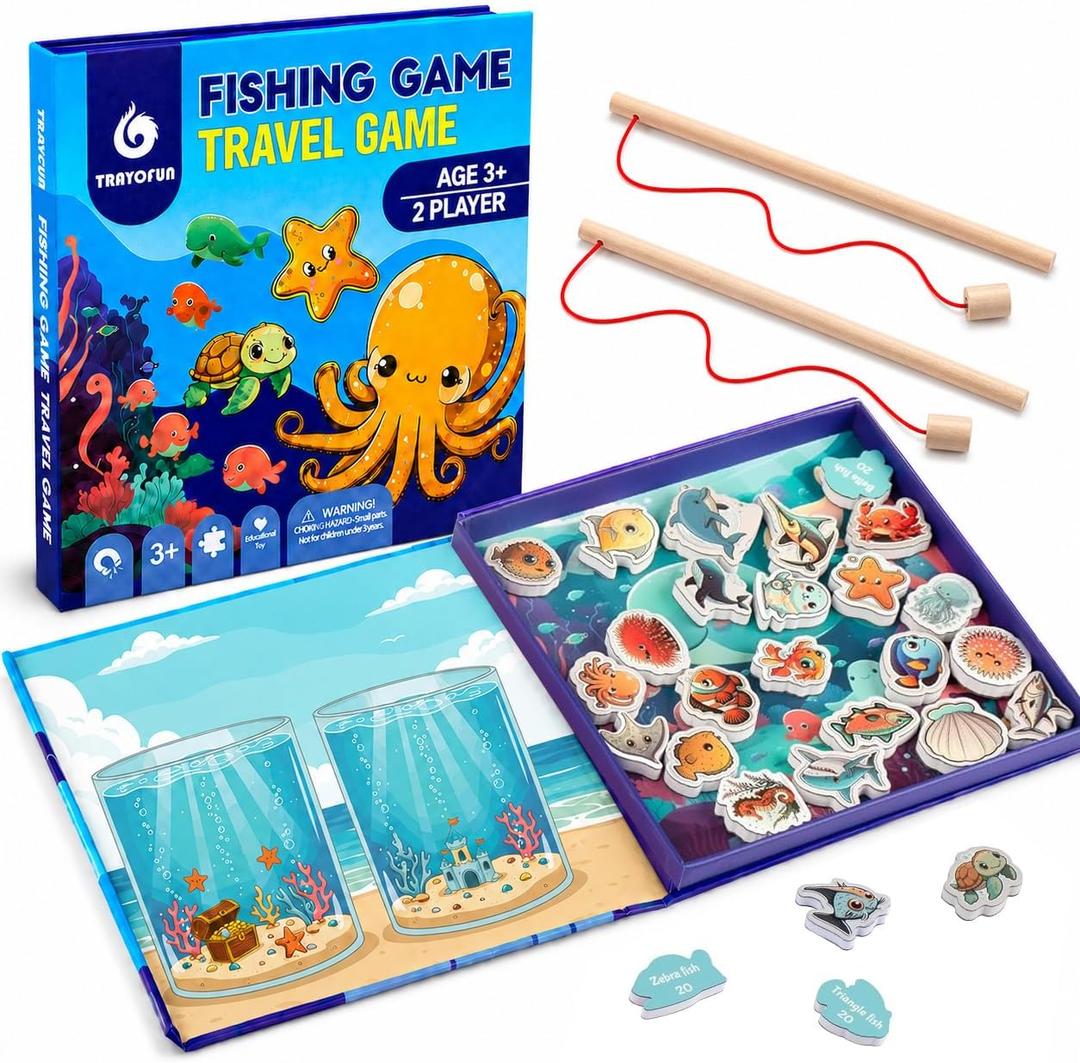 Magnetic Fishing Game Book for Kids Ages 3-8, Travel Toys for Toddlers 3-5, Road Trip and Airplane Activities, Quiet Portable Car Ride Toy with 2 Poles and 27 Ocean Fish