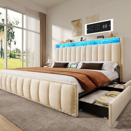 YITAHOME King Size Bed Frame with 4 Storage Drawers and RGB Lights, Velvet Upholstered Platform Bed with Charging Station and Storage Headboard, No Box Spring Needed, Noise-Free, Easy Assembly, Beige