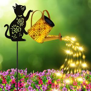 Solar Lights Outdoor Decorative, Watering Can with Cascading Lights, with Cat Silhouette Garden Stakes, Waterproof Metal Garden Decor for Yard Art, Outside, Patio, Lawn Ornaments