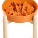 LE TAUCI Ceramic Slow Feeder Puzzle Bowl Elevated 1.5 Cup with Wooden Stand for Small & Medium Dog, Fast Eater Food Bowl Sun Orange