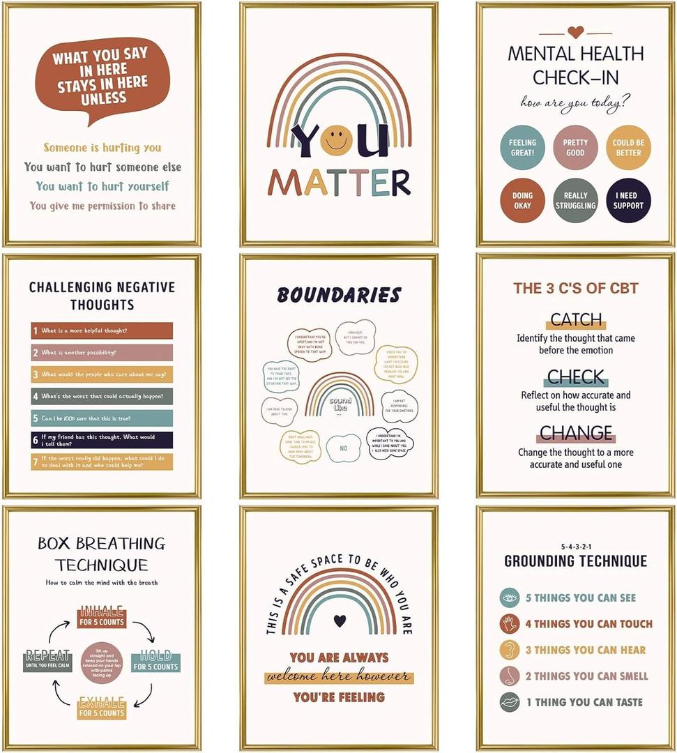 Chinco 9 Pcs Mental Health Posters Therapy Office Decor Boho Positive Counselor Office Decor Psychology Unframed Canvas Wall Art for Mental Health Gifts 8 x 10 Inch(Retro Style)